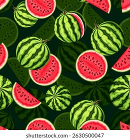 Seamless pattern with watermelons and watermelon slices on a dark green background. Vector seamless print. Hand-drawn illustration, not AI
