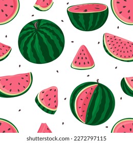 Seamless pattern with watermelons, whole, half and slices. Modern print for fabric, textiles, wrapping paper. Vector illustration