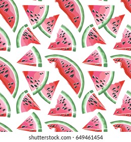 Seamless pattern of watermelons.Decorative background perfect for restaurant menu backdrop, healthy food concept, juice bar,cards and prints.Vector illustration with slices of watermelons.