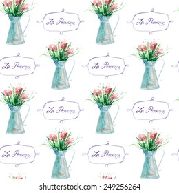 seamless pattern with waterolor bouquet of pink fowers. It can be used for wallpaper, fabric design, textile design, cover, wrapping paper, banner, card, background