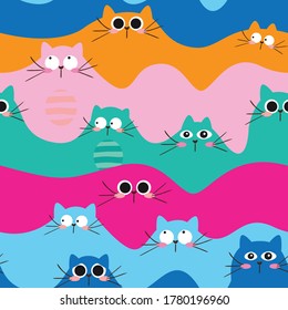 Seamless pattern wave with cat.  Colorful background for kids, textile, fabric, clothes, wrapping paper, socks, and other design.