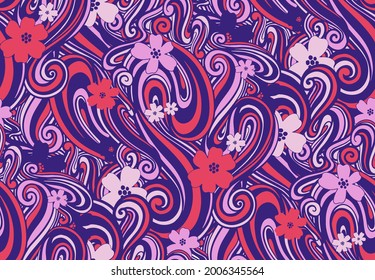 Seamless pattern wave and flower abstract.Line drawing style.Fashion textile fabric.Vector illustration.