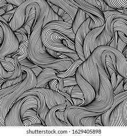 Seamless pattern with wave line curls. Monochrome stripes black and white texture. Wavy abstract fur or hair.