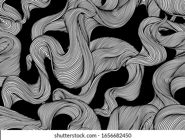 Seamless pattern with wave line curls. Monochrome stripes black and white texture. Wavy abstract fur or hair.