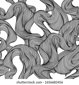 Seamless pattern with wave line curls. Monochrome stripes black and white texture. Wavy abstract fur or hair.