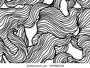 Seamless pattern with wave line curls. Monochrome stripes black and white texture. Wavy abstract hair.