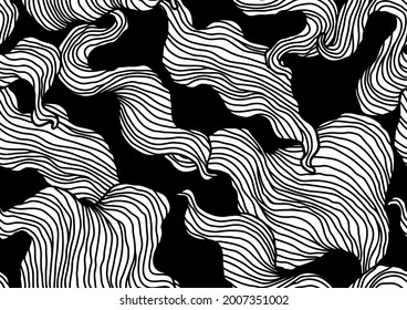 Seamless pattern with wave line curls. Monochrome stripes black and white texture. Wavy abstract hair.