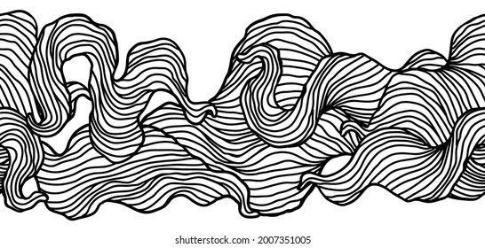 Seamless pattern with wave line curls. Monochrome stripes black and white texture. Wavy abstract hair.