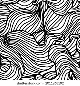 Seamless pattern with wave line curls. Monochrome stripes black and white texture. Wavy abstract hair.