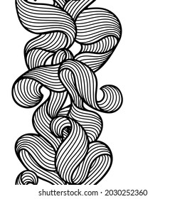Seamless pattern with wave line curls. Monochrome stripes black and white texture. Wavy abstract hair.