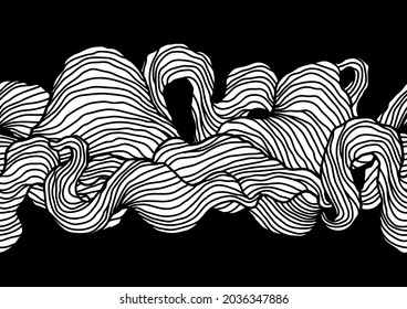 Seamless pattern with wave line curls. Monochrome stripes black and white texture. Wavy abstract hair.