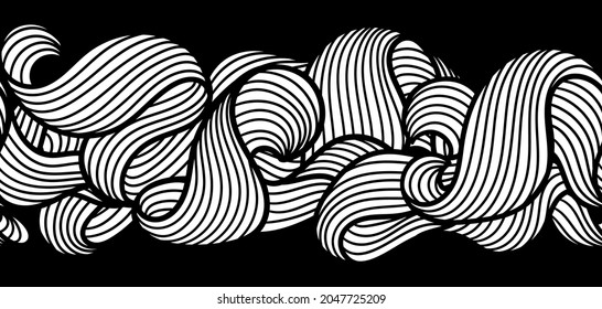 Seamless pattern with wave line curls. Monochrome stripes black and white texture. Wavy abstract hair.