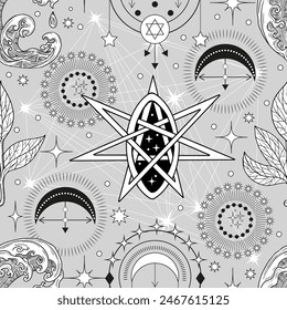 Seamless pattern with wave, pentagram, solar and mystical symbols. Tattoo, poster or altar print design concept; esoteric, wicca and gothic background