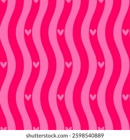 Seamless pattern with wave pink lines and and hearts. Vector Valentine's Day background.