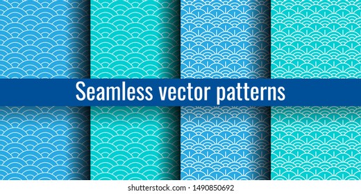 Seamless pattern. Wave set. Chinese  texture. Vector illustration. Blue and green simple background. Scrapbook, gift wrapping paper or textiles. Fish scales