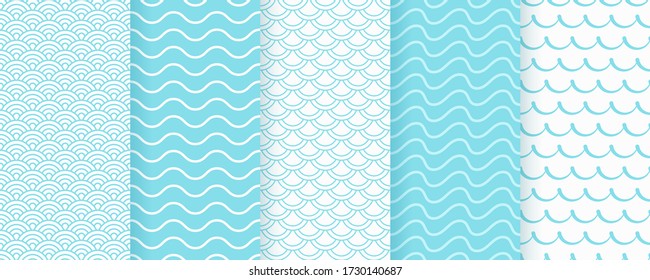 Seamless pattern with wave. Vector. Turquoise wavy background. Set textures with stripes, curvy lines. Simple illustration. Sea geometric prints. Marine design.