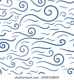 Seamless pattern waves. Abstract swirly design for backdrops with sea, rivers or water. Repeating texture. Figures for textiles. Print for the cover of the book, postcards, t-shirts. Surface design.