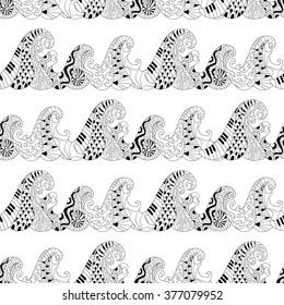 Seamless pattern with waves for adult anti stress colouring page.  Illustration in zentangle style. Monochrome variant. Ethnic background.