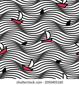 Seamless pattern with waves, boat and shark fin. Repetitive sea predator and sail on a striped background. Vector abstract print of danger and travel mood.