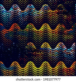 A seamless pattern of waves and dots. Bright shades of colors. An element for creative design, clothing, sports accessories, music presentation, flyers for party. Vector illustration.