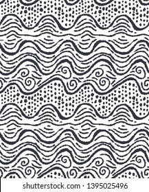 Seamless pattern with waves and dots. Design for backdrops with sea, rivers or water texture. Repeating texture. Figure for textiles.  Surface design.