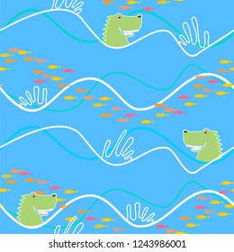 Seamless pattern with waves and fishes. Crocodile. Vector.