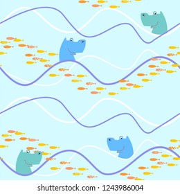 Seamless pattern with waves and fishes. Hippo. Vector.