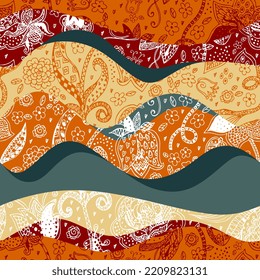 Seamless pattern with waves with floral ornament. Original patchwork pattern, print for fabric.
	 