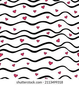 Seamless pattern with waves and hearts  love design  Hand drawn vector doodle 