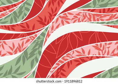 Seamless pattern with waves and leaves, branches with leaves on the background, red-green wavy vector pattern