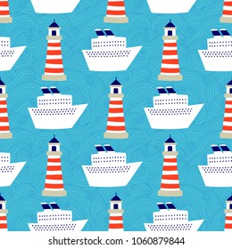 Seamless pattern with waves, lighthouses and cruise liner. Can be used on packaging paper, fabric, background for different images, etc. Freehand drawing