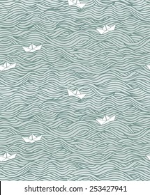 Seamless pattern with waves and little paper boats (can be used without the boats)