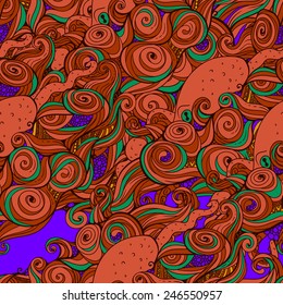 Seamless pattern with waves in the ocean octopus trend