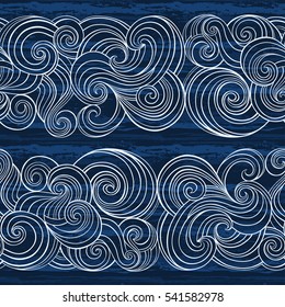 Seamless pattern with waves on the texture background. Sea vector background.