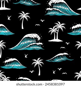 Seamless pattern with waves and palm trees. Hand-drawn vector summer illustrations repeat pattern