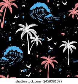 Seamless pattern with waves and palm trees. Hand-drawn vector summer illustrations repeat pattern