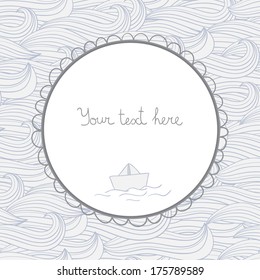 seamless pattern with waves and paper ship. Vector background.