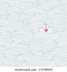 Seamless pattern with waves and paper ship with heart. Vector background.