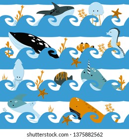 seamless pattern with waves and sea animals - vector illustration, eps