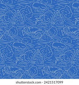 Seamless pattern with waves and sea life on a blue background. Hand drawn style kids room wallpaper with ocean creatures and water. Doodle dolphin and whale backdrop.