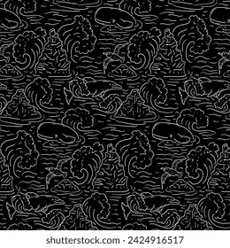 Seamless pattern with waves and sea life on a black background. Hand drawn style kids room wallpaper with ocean creatures and water. Doodle dolphin and whale backdrop.