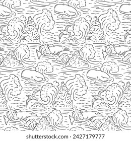 Seamless pattern with waves and sea life on a white background. Hand drawn style kids room wallpaper with ocean creatures and water. Doodle dolphin and whale backdrop.