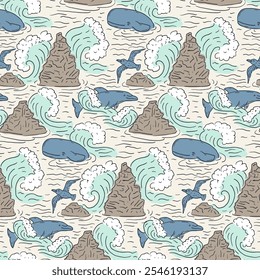 Seamless pattern with waves and sea life. Hand drawn style kids room wallpaper with ocean creatures and water. Doodle dolphin and whale backdrop.