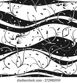 Seamless pattern with waves and seaweeds, black and white