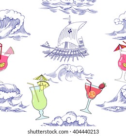 Seamless pattern with waves, ships and cocktails. Hand drawn vector illustration