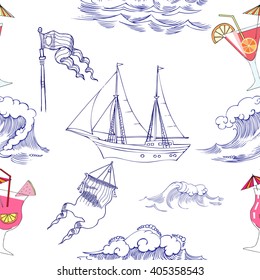 Seamless pattern with waves, ships and cocktails. Hand drawn vector illustration