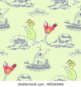 Seamless pattern with waves, ships and cocktails. Hand drawn vector illustration