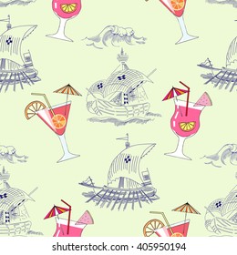 Seamless pattern with waves, ships and cocktails. Hand drawn vector illustration