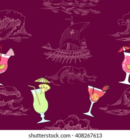Seamless pattern with waves, ships and cocktails. Hand drawn vector illustration