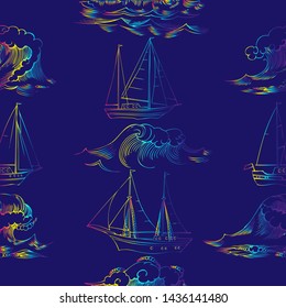 Seamless pattern with waves and ships. Hand drawn vector illustration